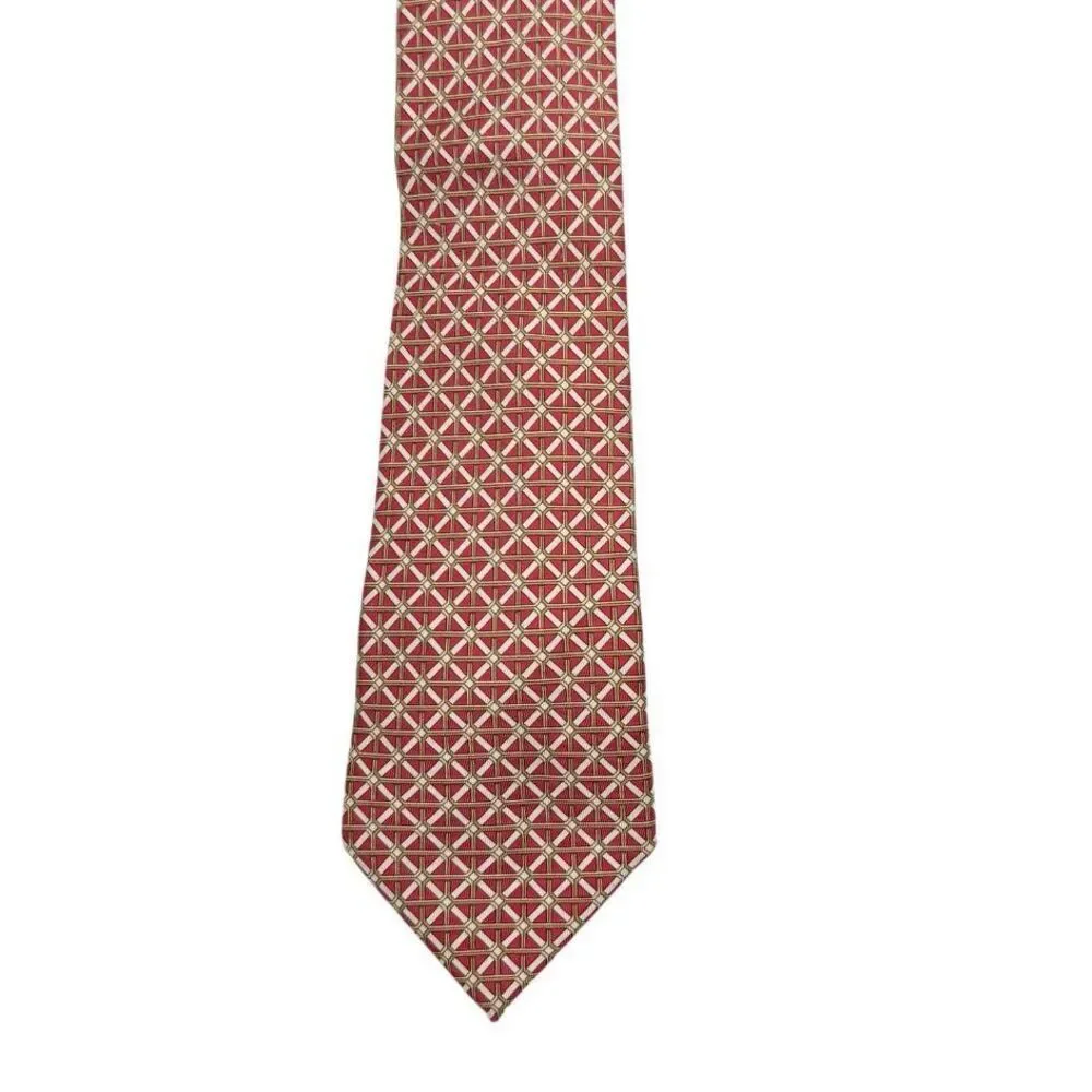 Hermes Men’s 100% Silk Tie France Red Geometric Pattern Career Dad Designer